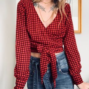 Urban outfitters red and black checker wrap blouse